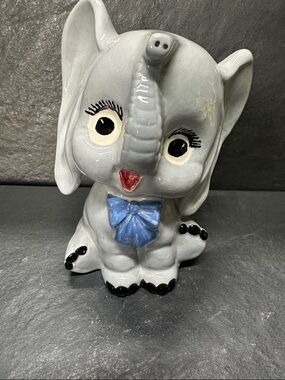 Ceramic Elephant Figurine with Blue Bow anomorphic